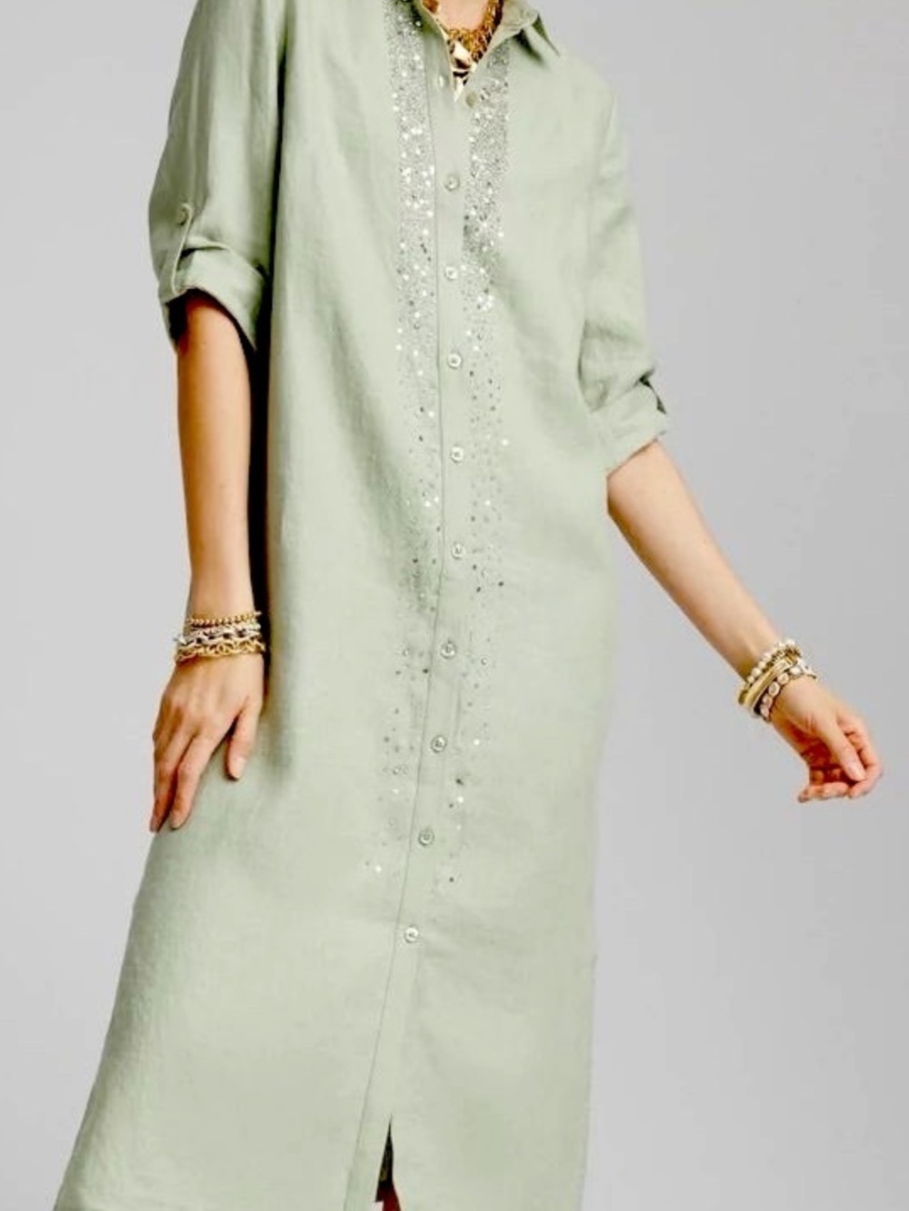 Chico's Light Sage Green Embellished Button-Front Linen Dress